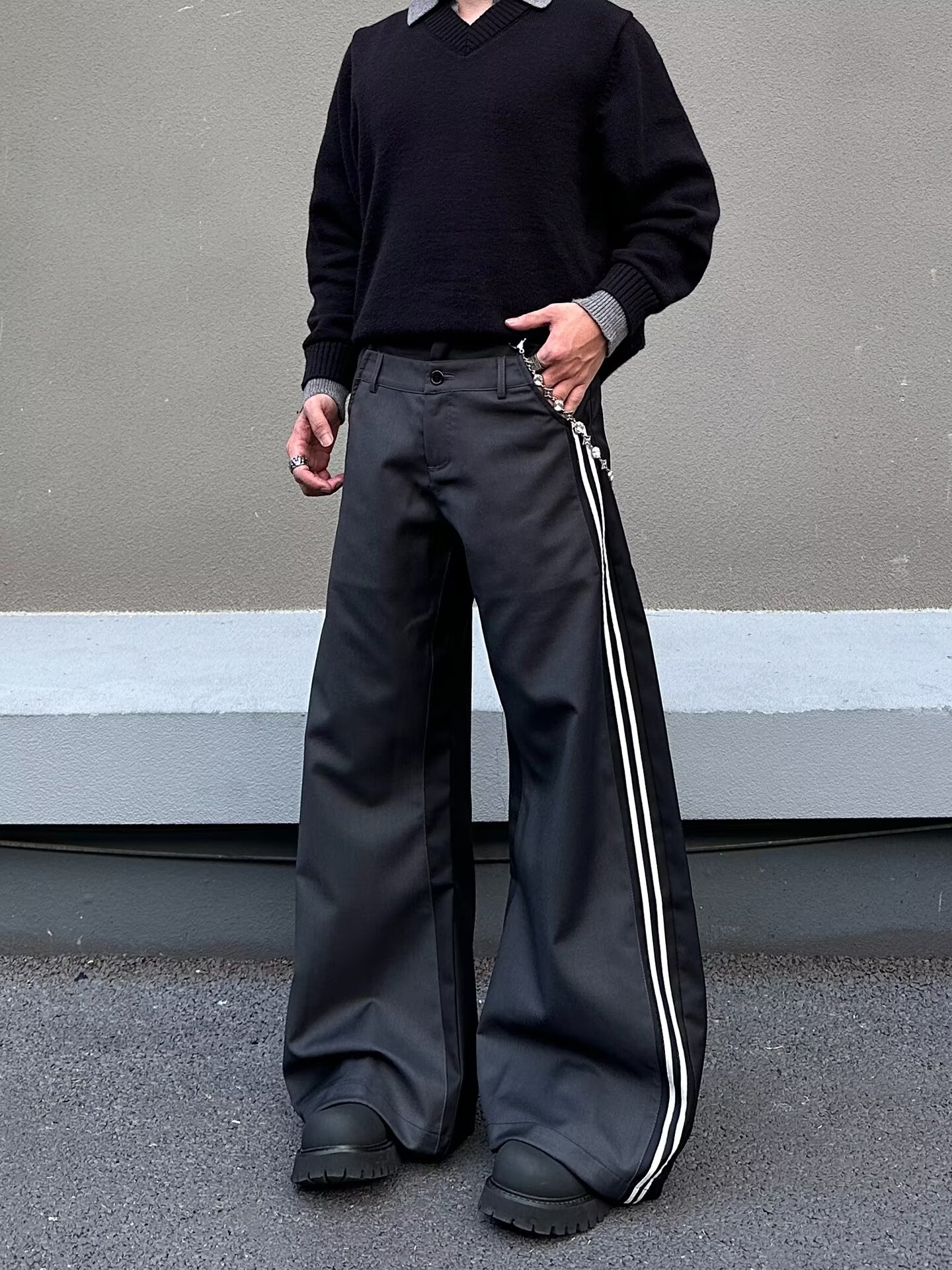 Men's Casual Pants Retro Double Waistband Spliced Curved Blade Loose Long Trousers_mkmklike.com