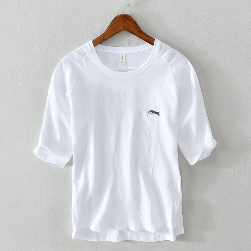 L3351 Простая Однотонная футболка, мужская Тонкая дышащая Повседневная футболка из хлопка и льна с коротким рукавом, Мужская цельная футболка для волос