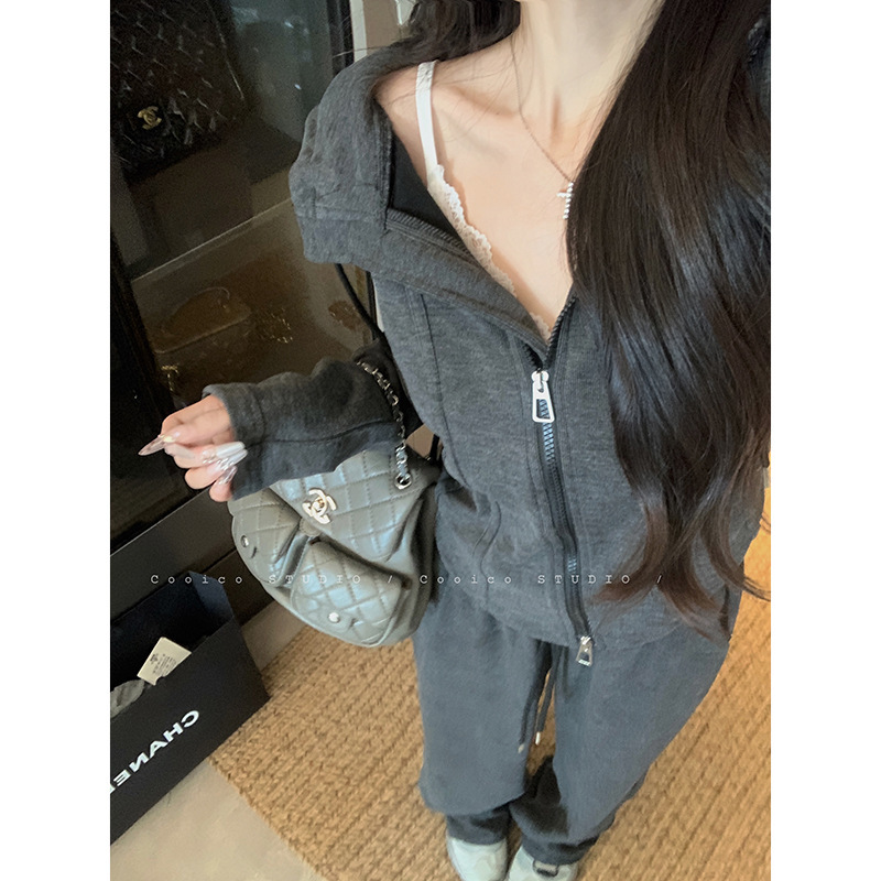 双拉链慵懒连帽长袖卫衣外套女秋季运动套装垂感休闲阔腿裤两件套|undefined
