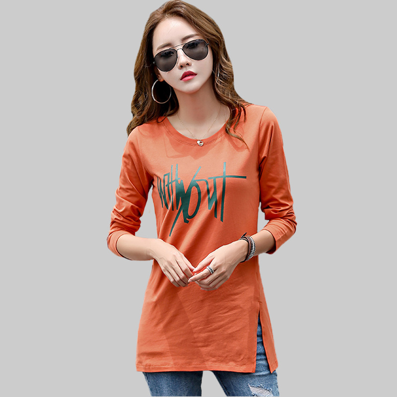 2022 spring Korean casual new slim round neck printed long split long sleeve T-shirt women a generation of hair 2022 spring Korean casual new slim round neck printed long split long sleeve T-shirt women a generation of hair
