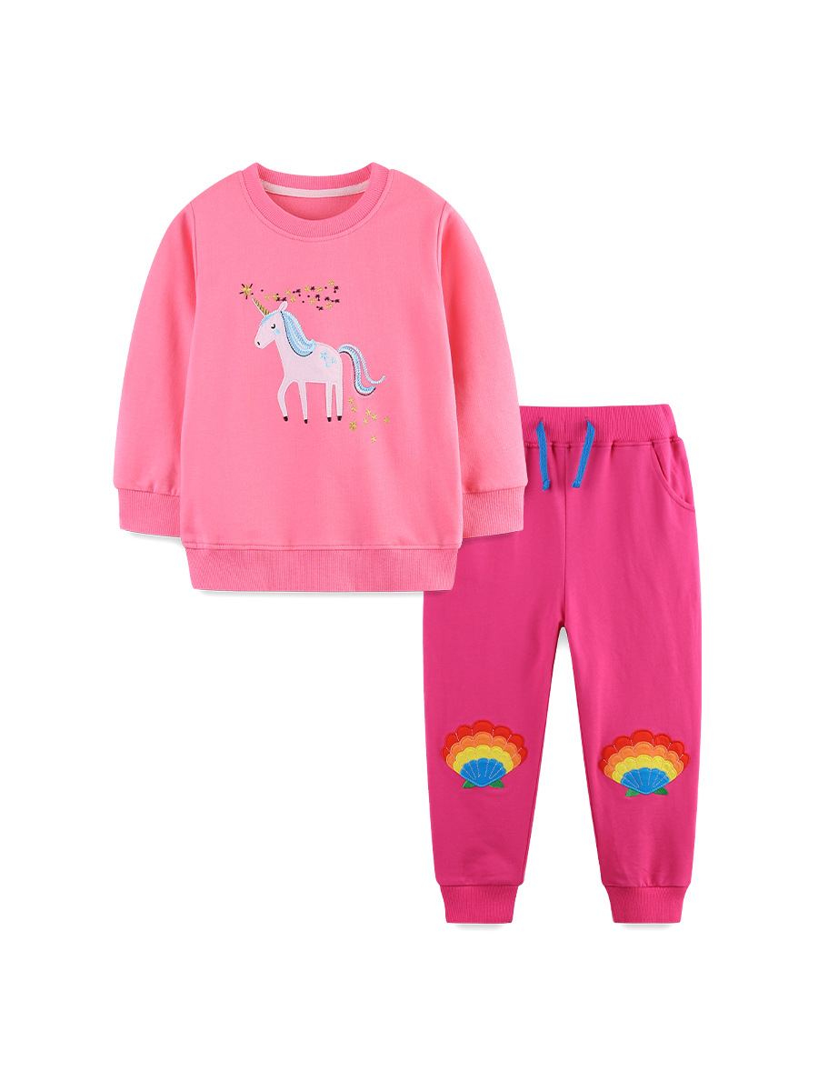 Venta directa de fábrica traje para niñas dibujos animados unicornio bordado parche cuello redondo suéter para niños moda niñas pantalones deportivos