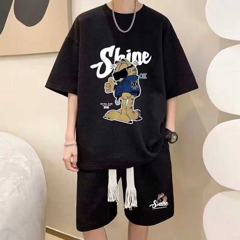 2026 Summer New Men's Casual Sports Suit Short-Sleeve T-Shirt Trendy Five-Point Shorts Loose Hong Kong Style Two-Piece Set