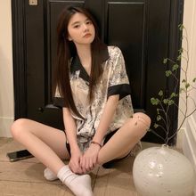 夏天凉感冰丝睡衣女2024新款新中式水墨画薄款衬衫短袖家居服套装