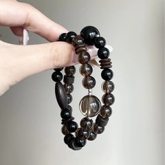 XINGSHI | 天然新中国風ダブルサークルティークリスタル黒曜石サンダルウッドココナッツシェルセパレーター禅ブレスレットナチュラル