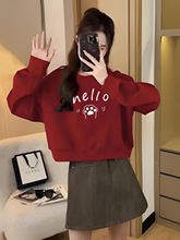 秋冬红色加绒卫衣女2025年新款爆款短款小个子时尚洋气圆领上衣潮