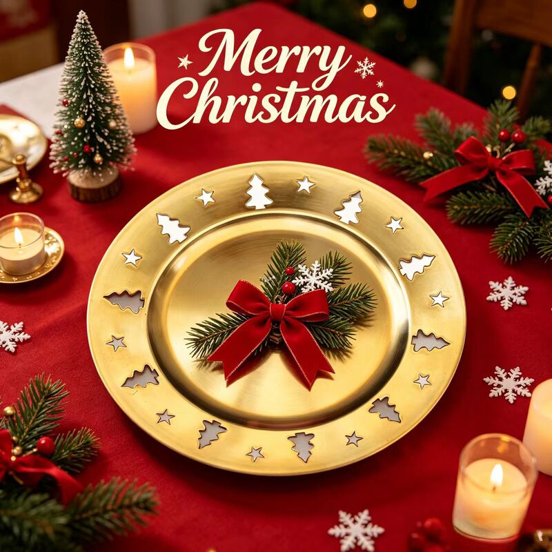 Foreign Trade Golden Christmas Decorative Plate Hollow Plate Five-Pointed Star Christmas Dinner Plate Mat Plate Pp Electroplated Plate Party