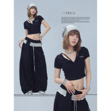 纯棉街舞潮牌性感修身爵士飒V领上衣柔软螺纹kpop辣妹跳舞短袖女