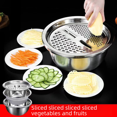Special Thick Stainless Steel Basin Home Use Vegetable Cleaning Basin and Dough Basin Three-Piece Set Shredding Condiment Basin Egg Beater Basin Culinary Basin