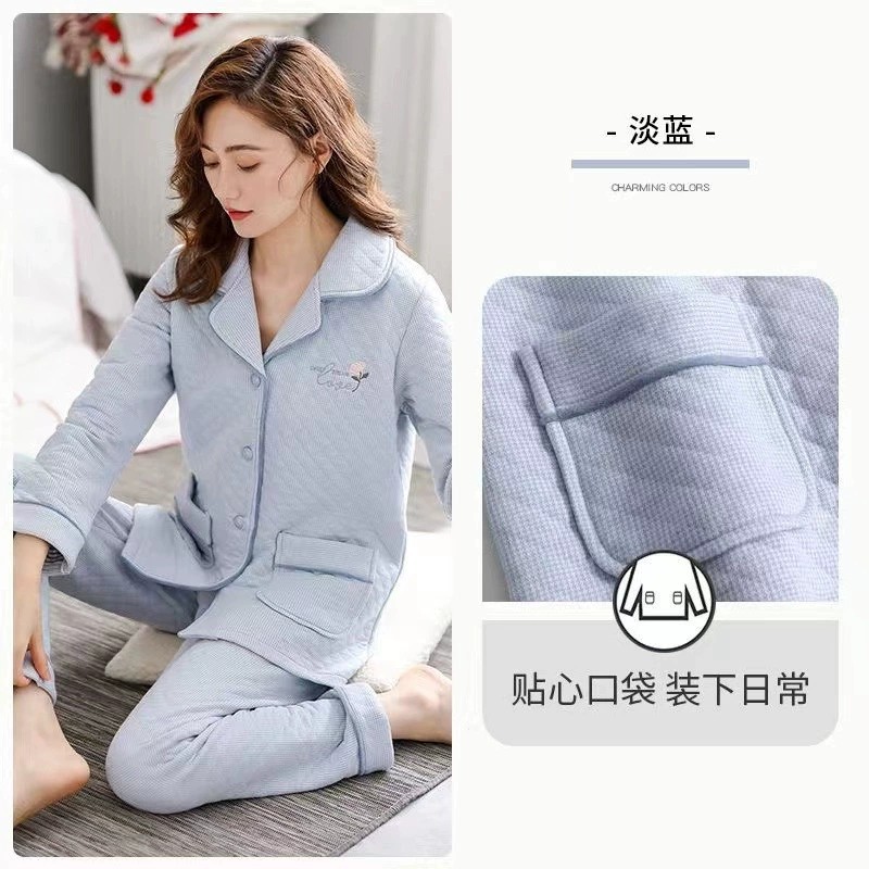 Otoño e invierno sándwich pijamas 100% algodón de las mujeres engrosada delgada acolchada extra grande aire de algodón ropa para el hogar de mediana edad y ancianos