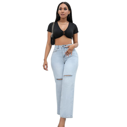 New light-colored women's Cassie turn-up low-waist loose jeans light blue black other
