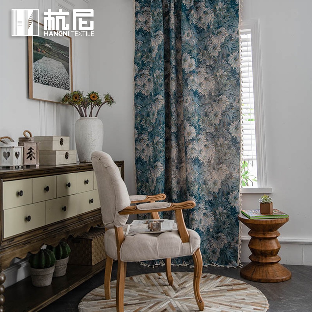 Tassel Finished Cross-Border Curtains European White Chrysanthemum Printed Curtain Cloth Bedroom Living Room Home Curtains