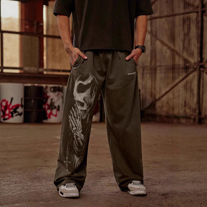 Youngla New Style Buddha-Seeking Sports Fitness Loose Casual Pants Jogger American Print Wide-Leg Long Pants