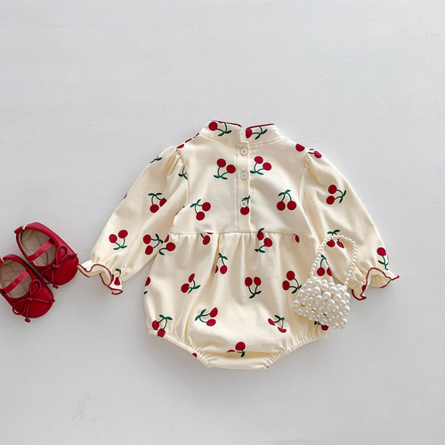 Newborn baby clothes, spring and autumn baby girl jumpsuits, princess cherry romper, infant and toddler full moon 100-day bag fart clothes