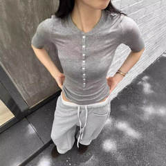 ヘンリー襟天糸ウール高弾薄金修身七分袖上着快適通気性痩せ純色T女4405