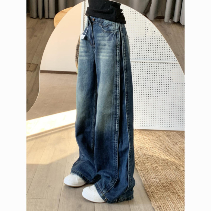 【广州新塘牛仔】美式复古阔腿牛仔裤女高腰显瘦宽松垂感直筒长裤|undefined