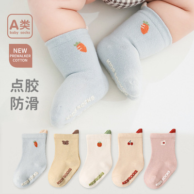 23春夏新款精梳棉透气儿童中筒袜 点胶防滑后跟提耳卡通宝宝袜子
