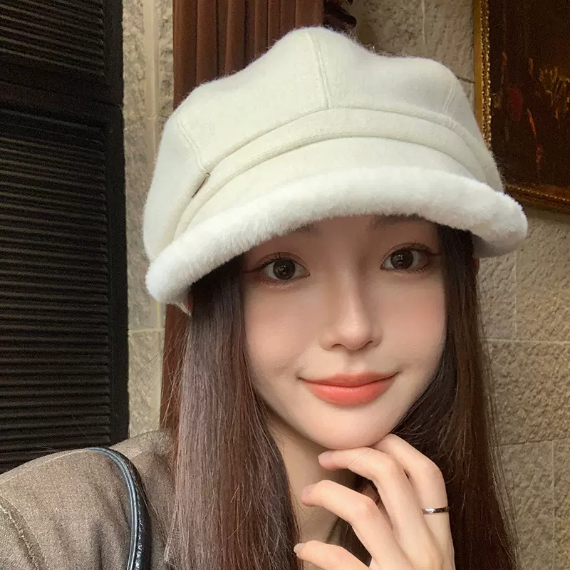 秋冬新款纯色毛绒贝雷帽英伦复古百搭旅行帽加厚时尚气质保暖帽子