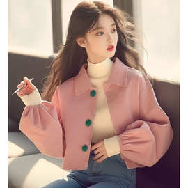 小个子2024春秋新款爆款上衣韩系穿搭高级感粉色灯笼袖立领外套女