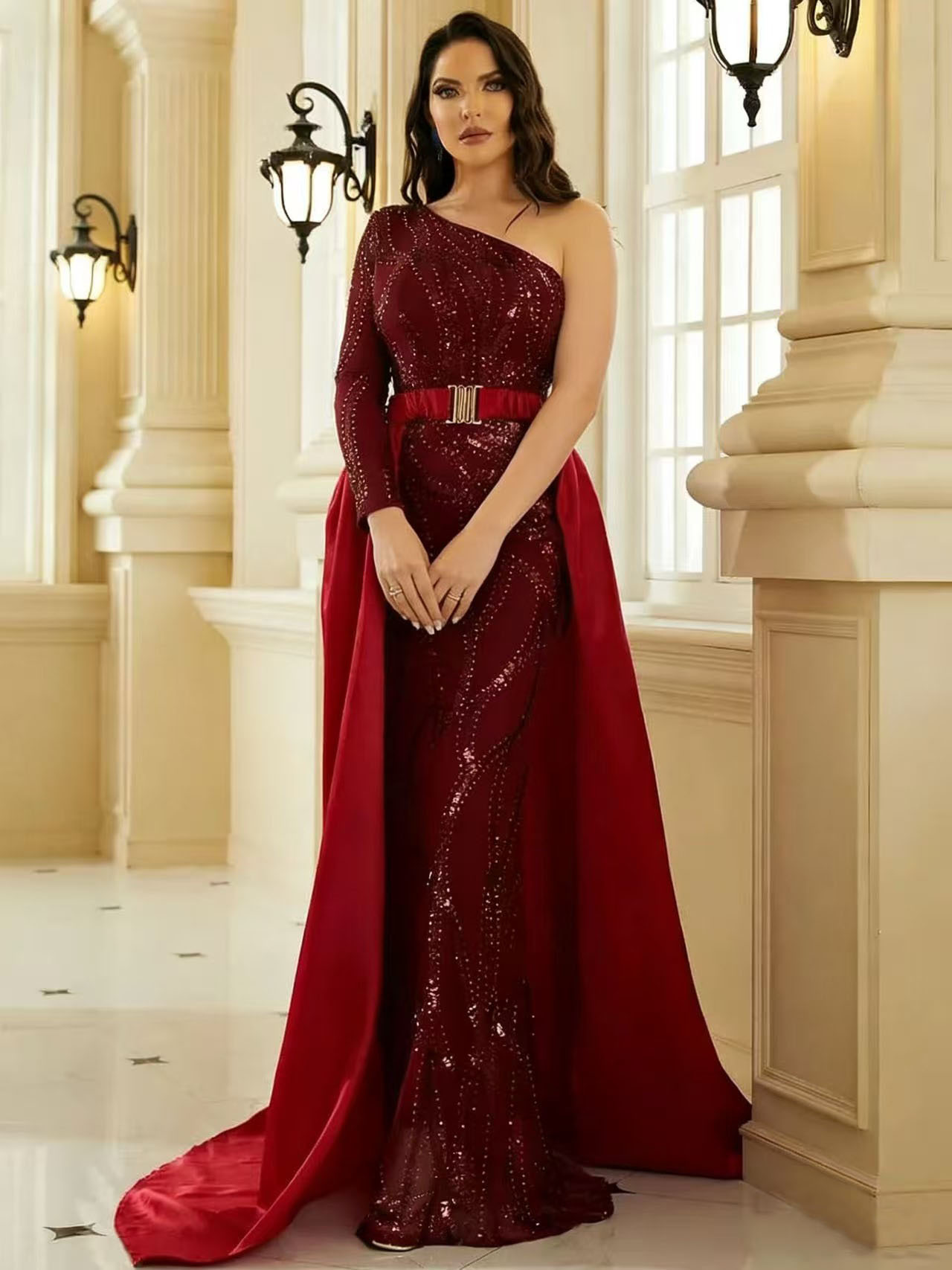 Amazon cross-border novo temperamento de lantejoulas cor sólida cintura média ombro inclinado anfitrião banquete vestido de noite vestido longo