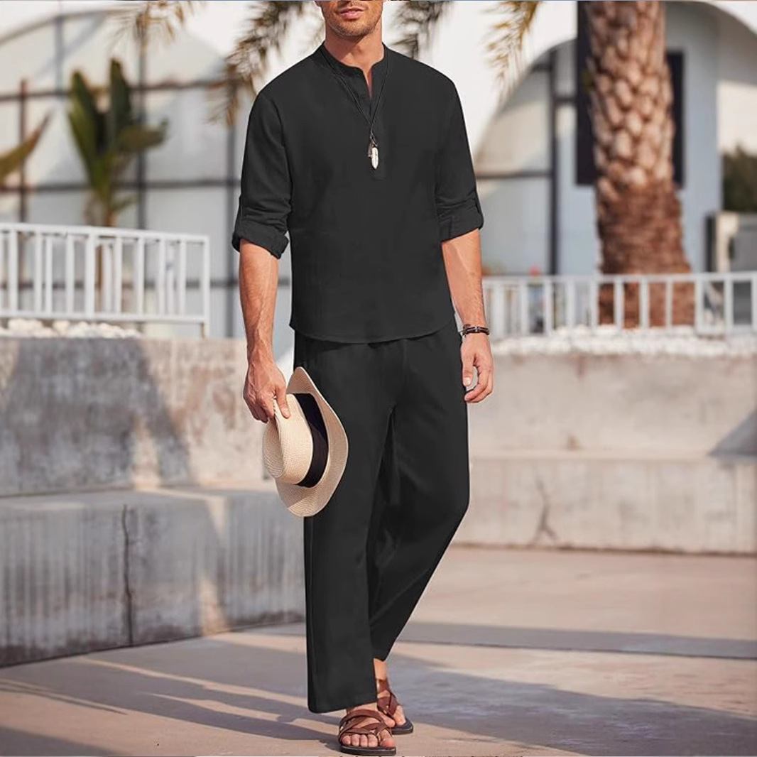 2025 primavera y otoño nuevos productos de comercio exterior Amazon hombre de color sólido camiseta casual de mangas largas camiseta pantalones largos