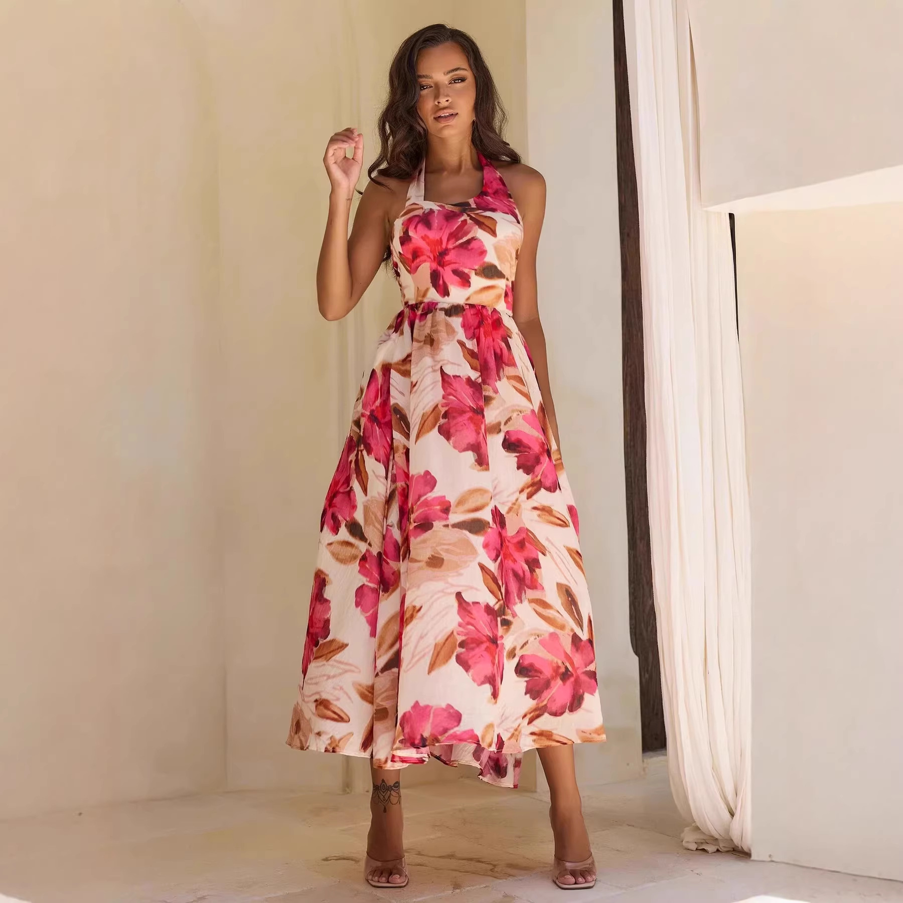 Fashionable Halter Neck Tie Waist Backless Dress Large Floral Print Long Skirt Women's Elegant New Style_ecoleips.com
