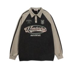 アメリカン スウェットシャツ レトロ ストリート カレッジ スタイル ポロカラー 長袖 メンズ レディース ルーズ オールマッチ カップル トップス