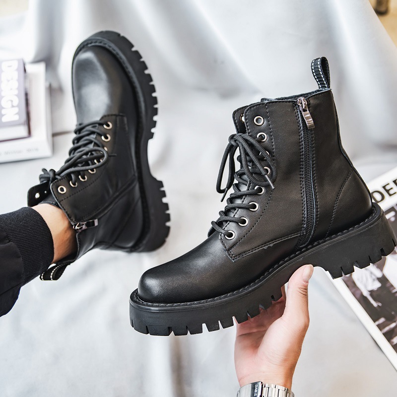 Martin boots men's cowhide British style motorcycle zipper mid-top overalls boots high-top leather shoes black short boots ins fashion