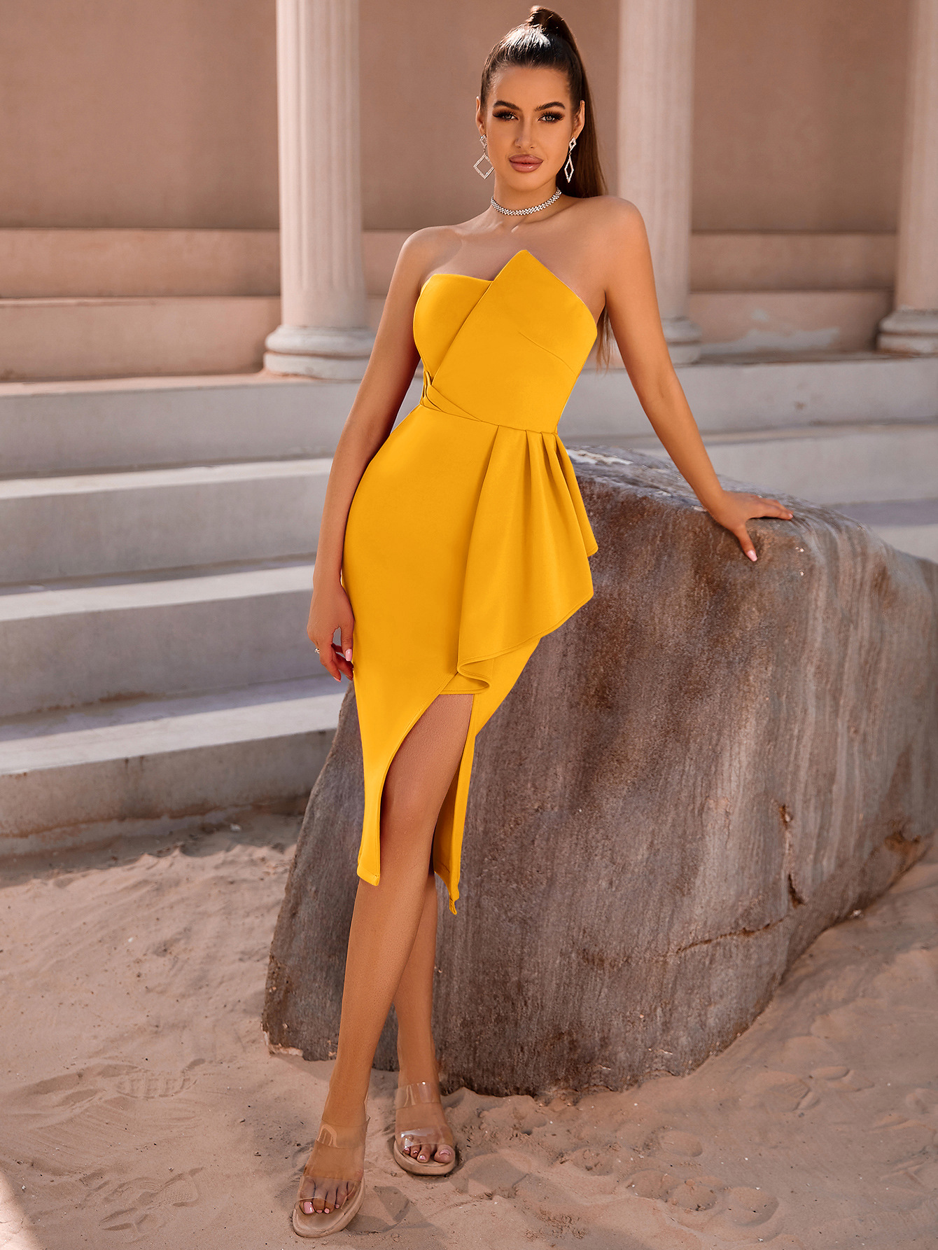 Europa y Estados Unidos transfronterizos cintura mostrando figura vestido de moda independiente cuello inclinado bifurcado borde de loto vestido irregular