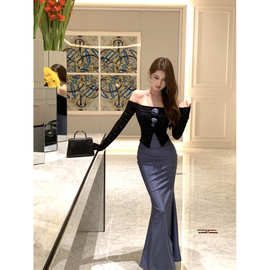 纯欲风性感一字肩蕾丝拼接缎面连衣裙女秋季复古气质露背包臀长裙