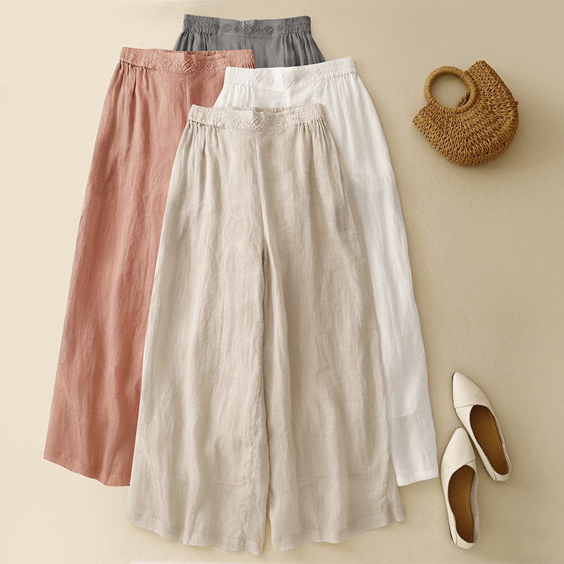 Real Shot of 2026 Summer Artistic Casual Comfortable Skin-Friendly Embroidered Wide-Leg Pants with Lining and Elastic Waist for Women