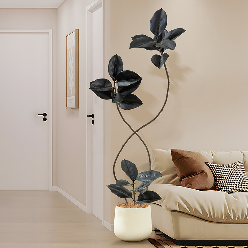 Simulación de plantas verdes, árboles de caucho de diamante negro, decoración de sala de estar de lujo ligero de alta gama, grandes árboles falsos de piso a techo, plantas falsas