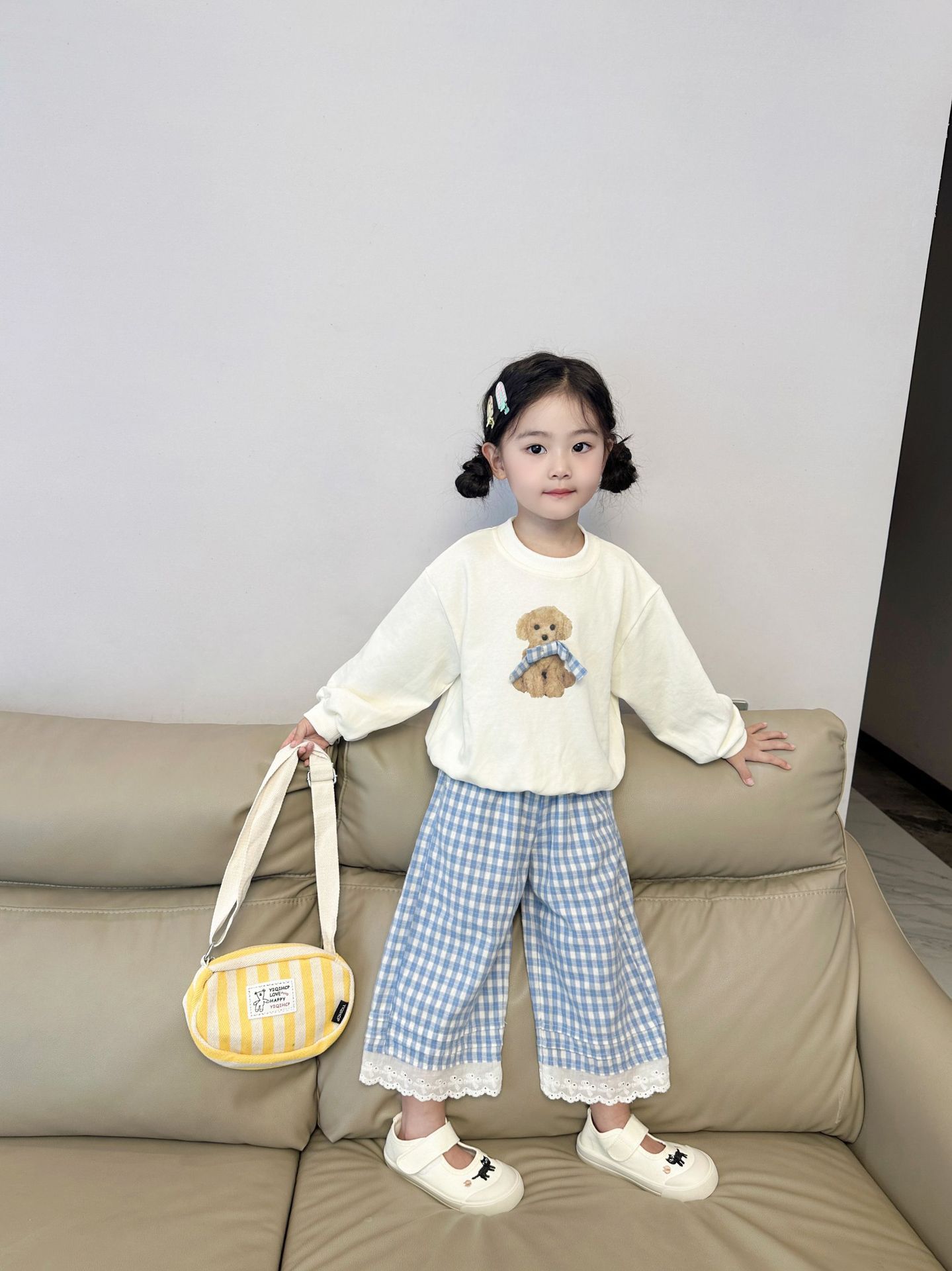 (2개) 2024 새로운 가을 어린이 캐주얼 베어 최고 격자 무늬 바지 세트