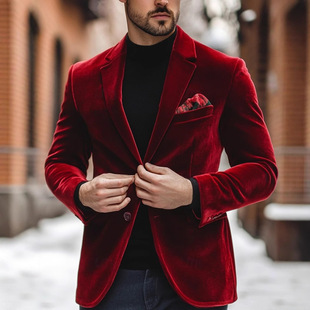 Cross-border Men's Velvet Christmas Casual Jacket Suit Jacket Casual Winter Single-breasted One-button Suit Jacket