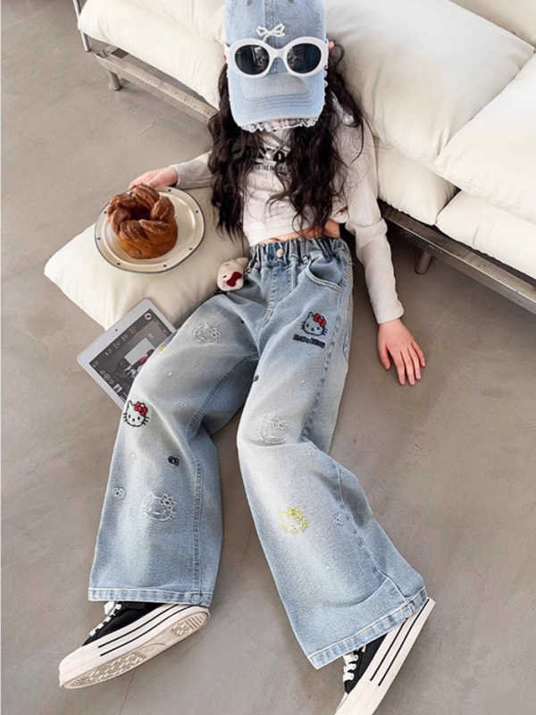 女の子パンツ 2025春秋新作 女の子中学生刺繍ジーンズ 中学生ストレートワイドパンツ|undefined