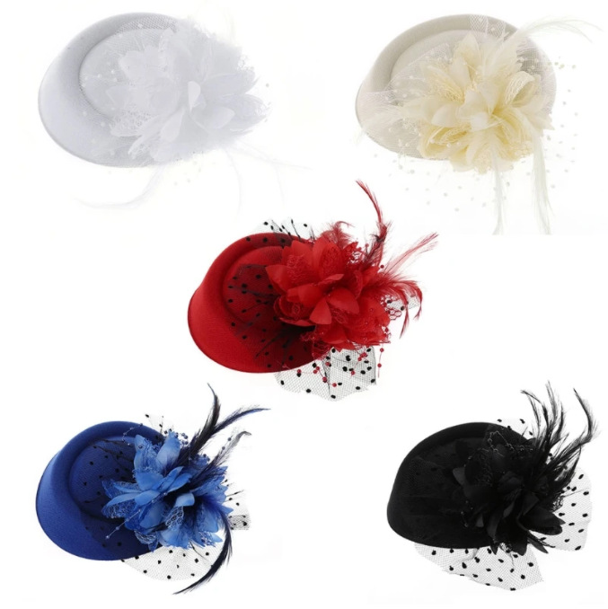 Vintage Faux Wool Topper Hat Pearl Feather Flower Hairpin Black Dot Large Mesh Headwear