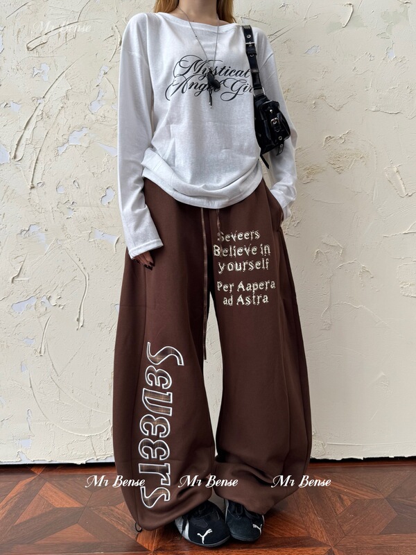 Mr Bense American Retro Plaid Stitching Casual Pants Women's Street Letter Print Loose Sports Wide-Leg Sweatpants