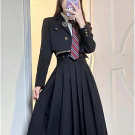 韩剧学院风jk制服套装秋季西装短外套校供感西服上衣半身裙三件套