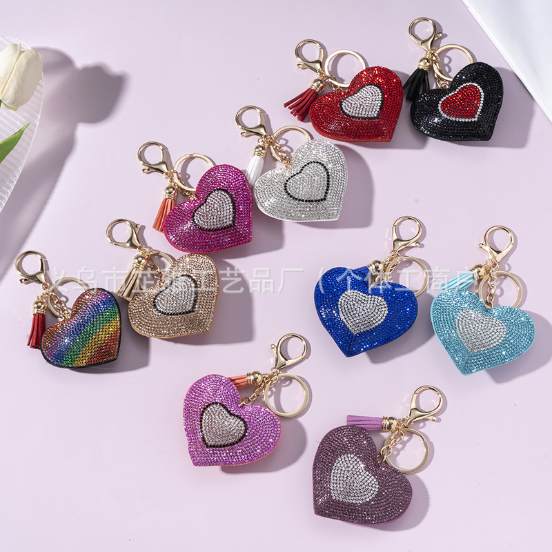 Cross-Border New Model Rhinestone-Studded Two-Tone Love Heart Keychain Pendant Accessory Hot-Studded Car Keychain Creative Heart Shape