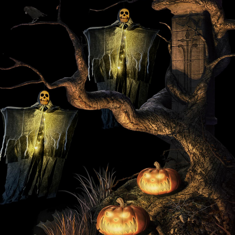 Decoración de Halloween, fantasma colgante luminoso, gasas, gasas, arreglos al aire libre, accesorios de terror, adornos de árbol al aire libre, colgantes