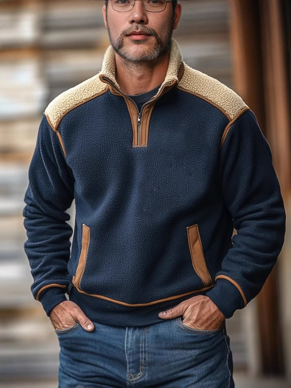 Cross-Border European and American Men's Winter Retro Color-Blocked Stand-Up Collar Cashmere Zipper Sweatshirt Casual Cross-Border European and American Men's Winter Retro Color-Blocked Stand-Up Collar Cashmere Zipper Sweatshirt Casual