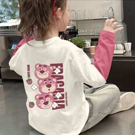 女童圆领长袖体恤2025新款宝宝纯棉上衣小女孩早秋拼接撞色打底衫