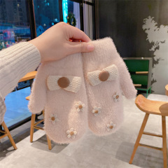 2021 New Knitted Woolen Thread Thicker and Warmer Sweet Coffee Color Series Small Flower Pattern Fingerless Mittens for Students Outdoors