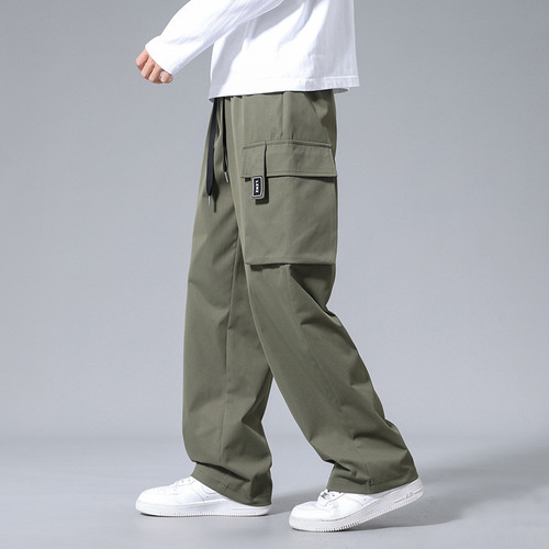 Long multi-pocket summer pants, casual loose-fit oversized men's straight-leg work pants, breathable for spring and autumn.