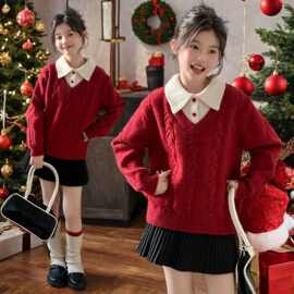 红色毛衣女童秋冬休闲新款儿童加厚毛线衣女孩大童冬假两件针织衫