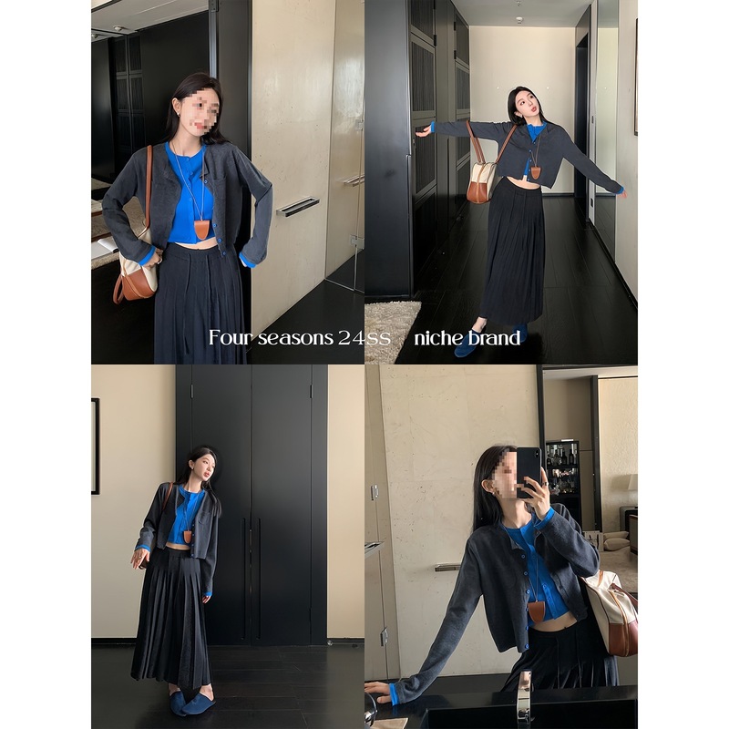 区区欧阳撞色假两件针织衫女秋季慵懒风毛衣软糯开衫复古长袖上衣|undefined