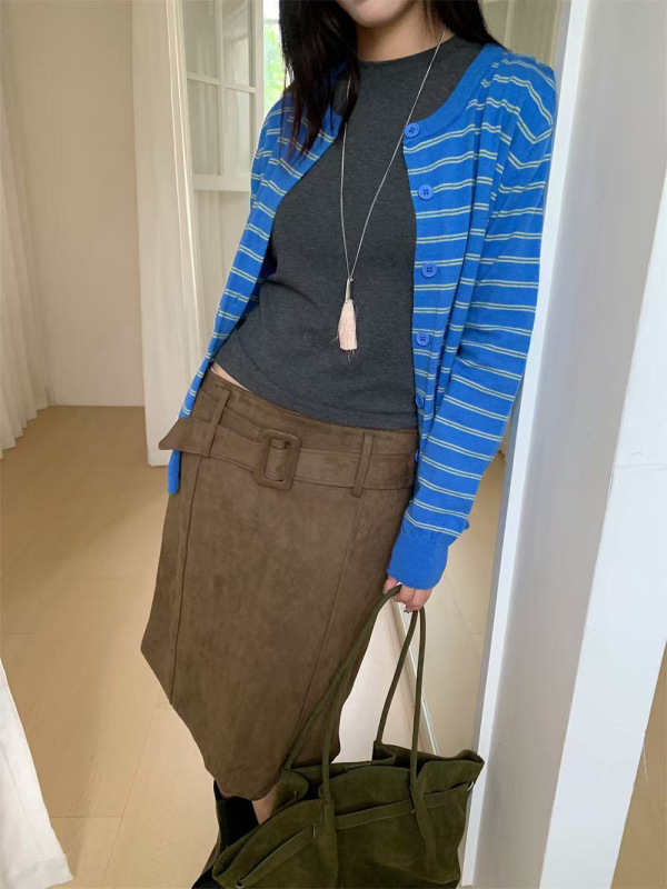 誉一新款2025秋季复古美拉德麂皮绒半身裙女腰带百搭中裙女m3760|undefined