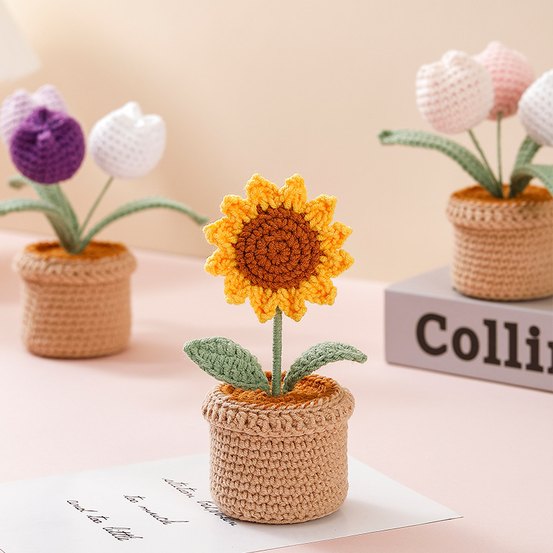 Transfronterizos terminados tejidos a mano tulipanes girasoles imitación flor lana en maceta Día de la Madre Día del Maestro regalo exquisito