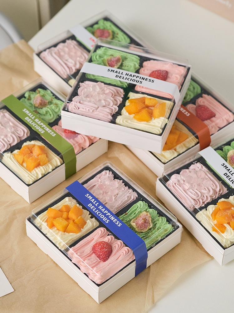 Caja de pastel feliz, caja de postre, Tilamisu, pequeño paquete de horneado de frutas de cuatro Gongge, un solo uso