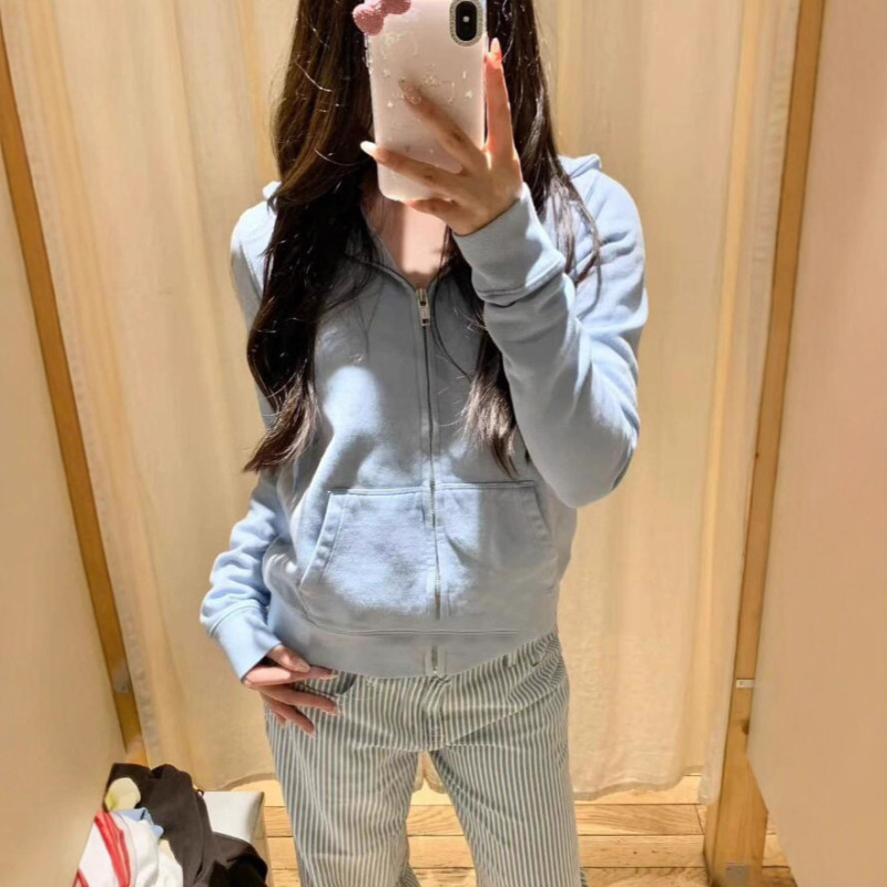 Bm Style Autum New Ice Cream Blue Sweatshirt Jacket Bm Simple Retro Slim Zipper Hooded Cardigan Top Bm Style Autum New Ice Cream Blue Sweatshirt Jacket Bm Simple Retro Slim Zipper Hooded Cardigan Top