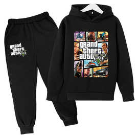 外贸秋冬季GTA5侠盗飞车游戏童装套装外贸男女童欧美连帽卫衣批发